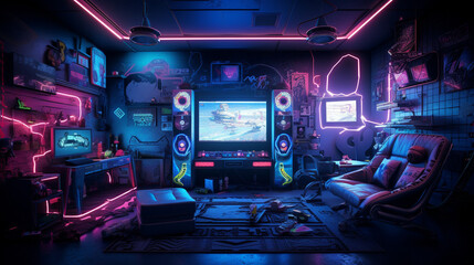 Fototapeta na wymiar The gamer's room bathed in a neon glow, creating an atmospheric gaming ambiance 