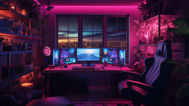 The gamer's room bathed in a neon glow, creating an atmospheric gaming ambiance 
