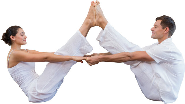 Fototapeta Digital png photo of caucasian couple practicing yoga on transparent background