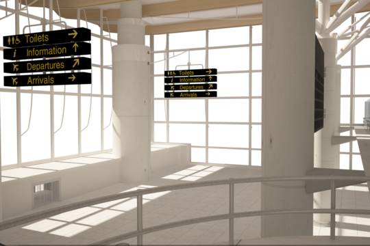 Digital png illustration of airport interior on transparent background - Powered by Adobe