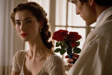 A man holding a bouquet of red roses for his beloved woman in a white dress
