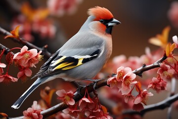 beautiful red bird sitting on the branches of a beautiful cherry blossom - Powered by Adobe