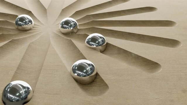 Chrome plated iron balls roll on a Japanese-style wooden pattern. An image of a logic board game for meditation. 3d render.