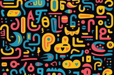 Fototapeta na wymiar modern style pattern of colored fonts on a black background, in the style of organic shapes and curved lines