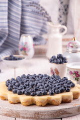 Still life with homemade cheesecake decorated with blueberry over on white wooden background