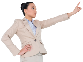 Digital png photo of asian businesswoman touching virtual screen on transparent background