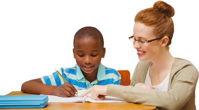 Digital png photo of diverse female teacher and schoolboy on transparent background - Powered by Adobe