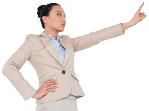 Digital png photo of asian businesswoman touching virtual screen on transparent background