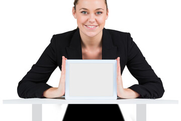 Digital png photo of caucasian woman holding tablet with copy space on transparent background