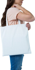 Digital png photo of caucasian woman with shopping bag on transparent background