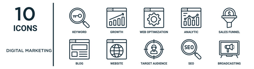 Fototapeta na wymiar digital marketing outline icon set such as thin line keyword, web optimization, sales funnel, website, seo, broadcasting, blog icons for report, presentation, diagram, web design