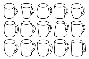 Line art mug set. Collection of different mugs with black thin line. Outline cups, mugs outline illustrations.
