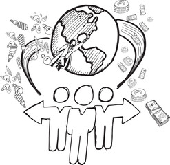 Digital png illustration of globe with business icons on transparent background