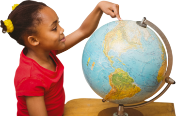 Digital png photo of african american girl looking at globe on transparent background