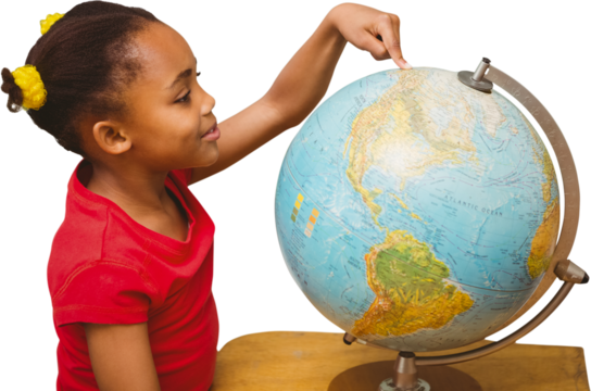 Digital png photo of african american girl looking at globe on transparent background - Powered by Adobe