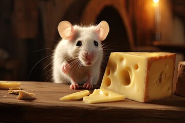 Fototapeta premium Mouse steals a piece of cheese; escapes unharmed.