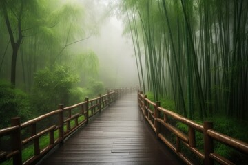 Fototapeta premium Bamboo bridge foggy natural. Generate Ai