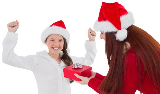 Digital png photo of happy caucasian mother and daughter giving presents on transparent background