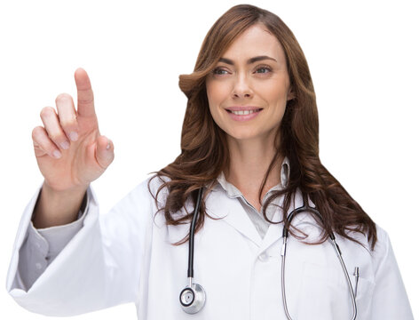 Digital png photo of caucasian female doctor touching virtual screen on transparent background