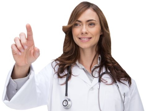 Digital png photo of caucasian female doctor touching virtual screen on transparent background - Powered by Adobe