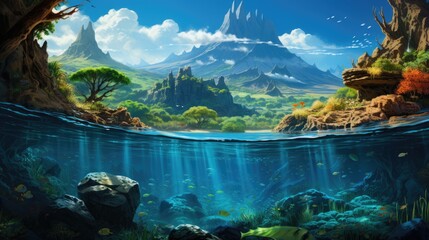 Underwater world and mountain panorama.