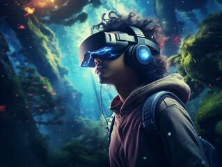 Naklejka na ściany i meble a boy in a virtual underwater world, VR