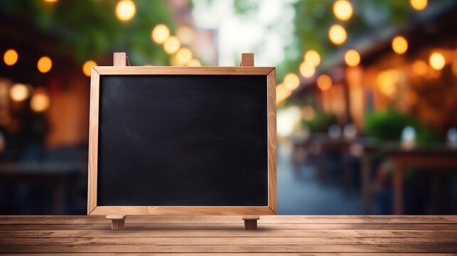 Empty blackboard on the background of a blurred cafe. Created using Generative AI technology.