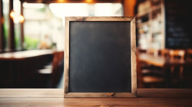 Empty blackboard on the background of a blurred cafe. Created using Generative AI technology.