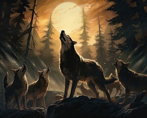 Pack of wolves howling under the full moon.