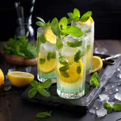 Fototapeta premium Lemonade, mojito cocktail with lemon and mint With generate Ai