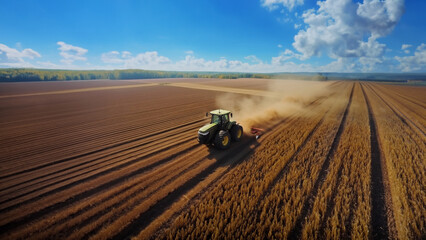 Naklejka premium Modern high-tech tractor havresting in a golden wheat field. Aerial view, landscape with a blue sky. Concept of smart and technological farming practices, sustainable advanced agriculture methods