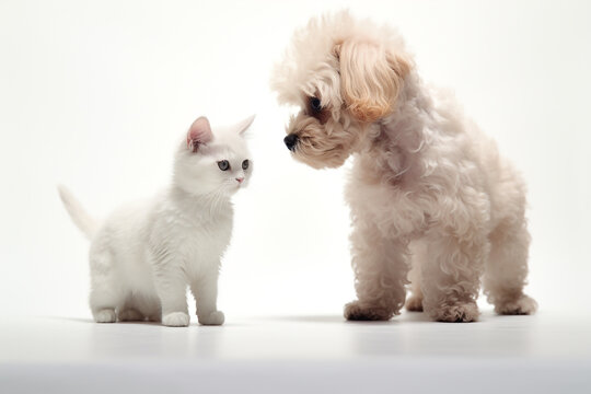 toy poodle and kitten  meet, in photo style white background With generate Ai