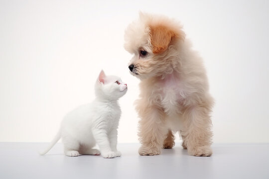 toy poodle and kitten  meet, in photo style white background With generate Ai