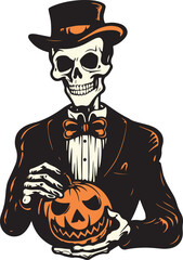 Skeleton holding a pumpkin halloween, Happy Halloween Vector Illustration, SVG