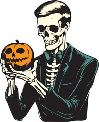 Skeleton holding a pumpkin halloween, Happy Halloween Vector Illustration, SVG