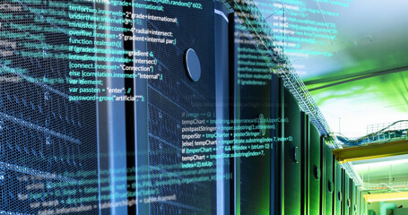 Image of data processing against empty computer server room