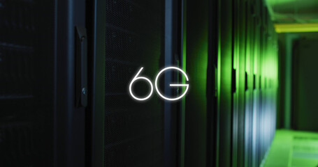 Image of 6g text banner against empty computer server room