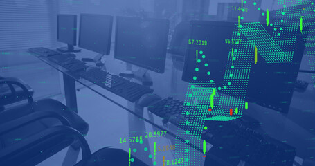 Image of financial data processing against computers in empty office