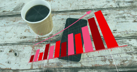 Image of statistical data processing against smartphone and coffee cup on wooden surface