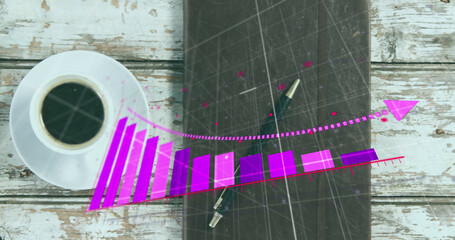 Image of statistical data processing against coffee cup, diary and smartphone on wooden surface