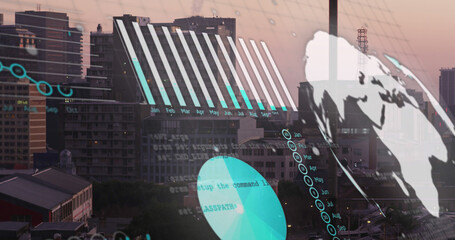 Image of financial data processing over cityscape