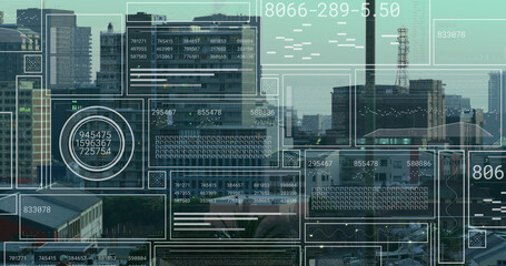 Image of interface with data processing against aerial view of tall buildings
