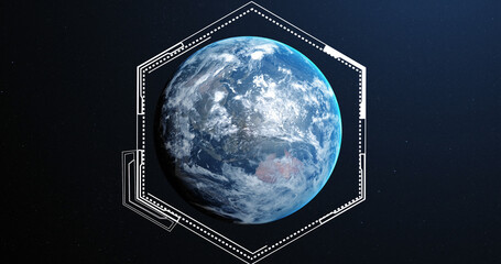 Image of hexagonal shapes over a globe against blue background