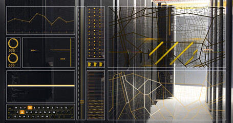 Image of graph, loading circles and bars, lines, navigation pattern over server room