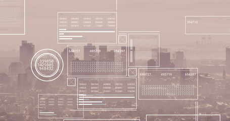 Image of financial data processing over cityscape
