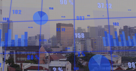 Image of financial data processing over cityscape