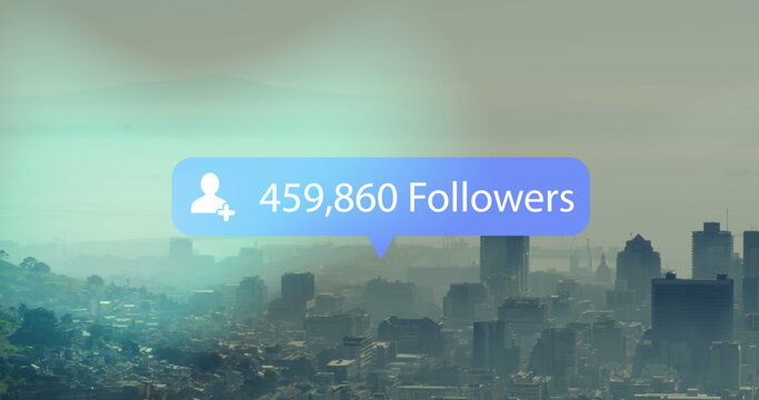 Image of social media icons and data processing over cityscape