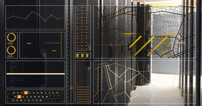 Image of graph, loading circles and bars, lines, navigation pattern over server room - Powered by Adobe