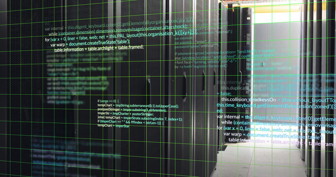 Image of grid pattern over computer language against server room in background