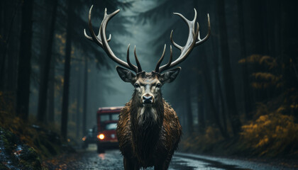 High quality stock photography of a Deer front a car on the road,generative ai